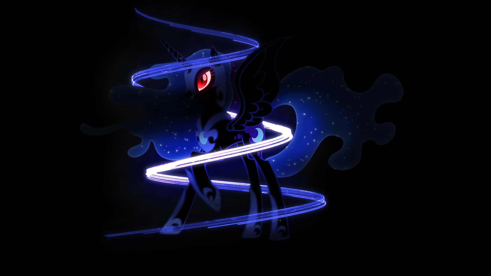 恐懼之影：夜之惡魔月的黑暗昇華形態 壁紙 — 一隻深藍色發光的小馬，擁有紅色眼睛和翅膀，被旋轉的霓虹能量軌跡包圍，背景為黑色。