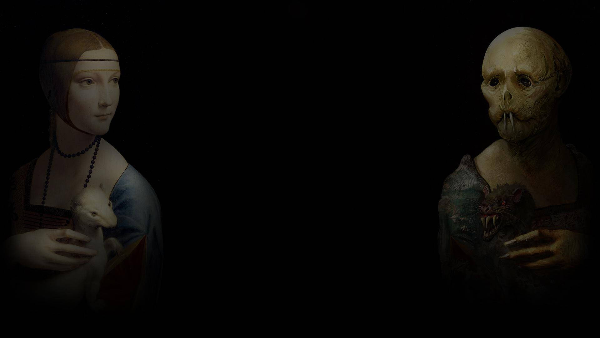 恐懼層層：貴族夫人與鼠后肖像對比 壁紙 — 一幅令人難忘的數碼藝術雙聯畫展示了一位寧靜的女子抱著一隻羔羊，旁邊是一個怪誕的骷髏身影，在黑色虛空中緊抓著一個惡魔般的生物。