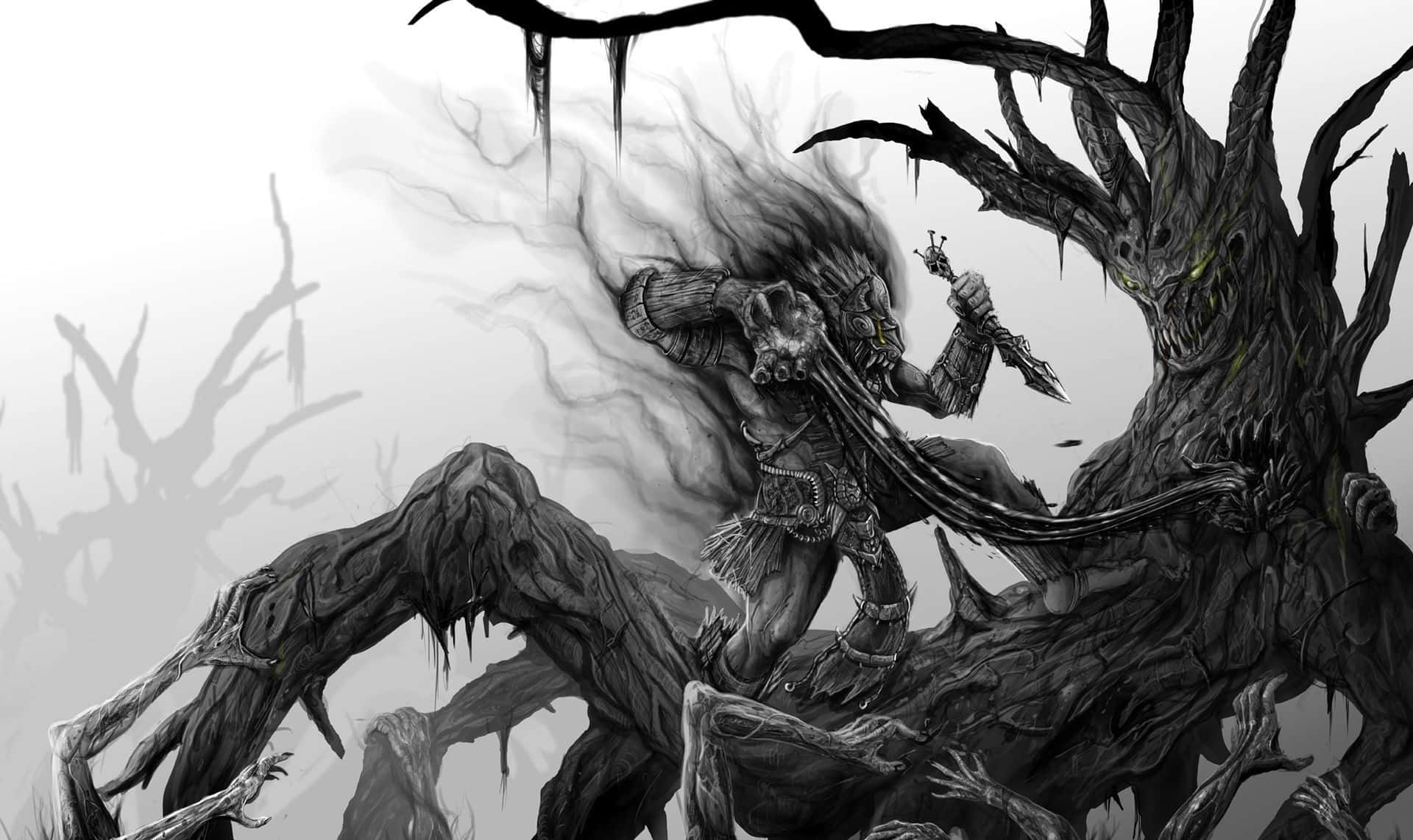恐懼怪物對抗惡魔樹圖像 壁紙 — 一個擁有骷髏特徵和流動黑煙的怪物戰士，與一個擁有發光眼睛的怪誕樹狀生物戰鬥。