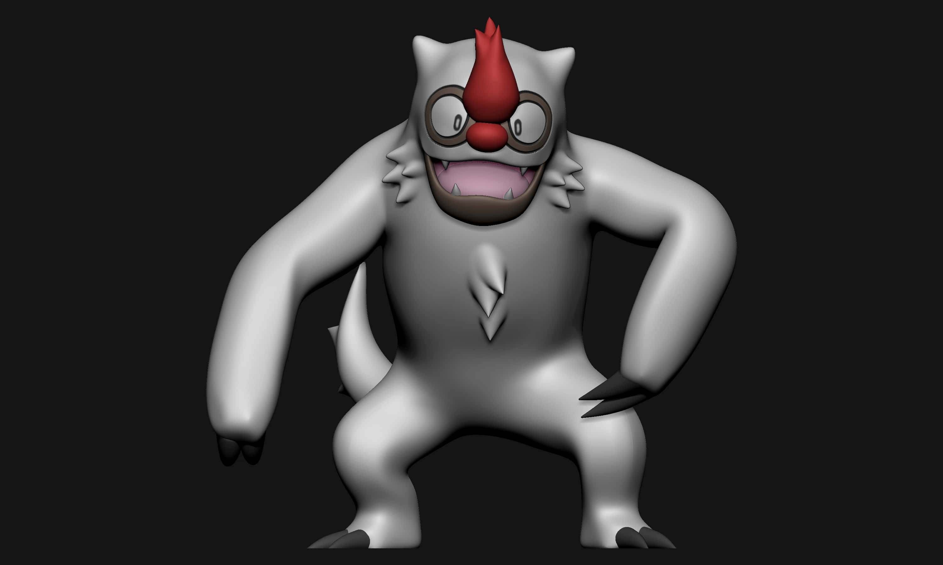 恐懼感十足的3D vigoroth 壁紙 — 一個3D渲染的白色卡通怪物，有紅色角和丑角鼻子，自信地站在黑色背景前。