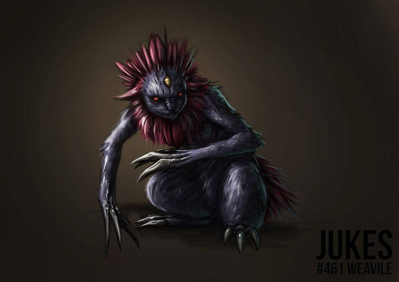 恐懼感十足的寫實 Weavile 壁紙 — 一隻帶有暗色毛髮、紅色發光眼睛和尖刺洋紅色鬃毛的威脅性生物蹲伏在陰暗的陰影中。