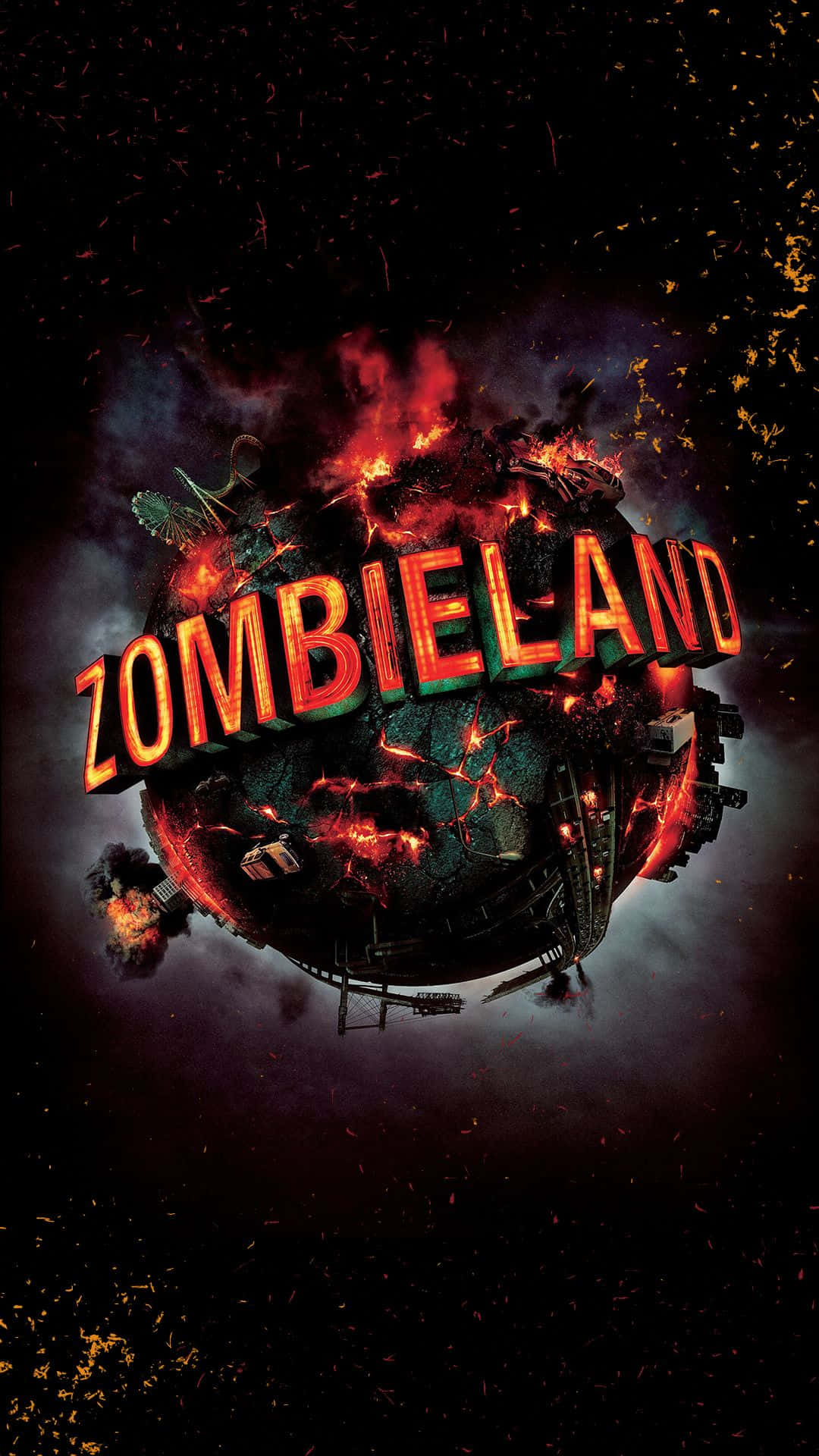 一個燃燒的行星，上面有火焰字母的標題ZOMBIELAND。