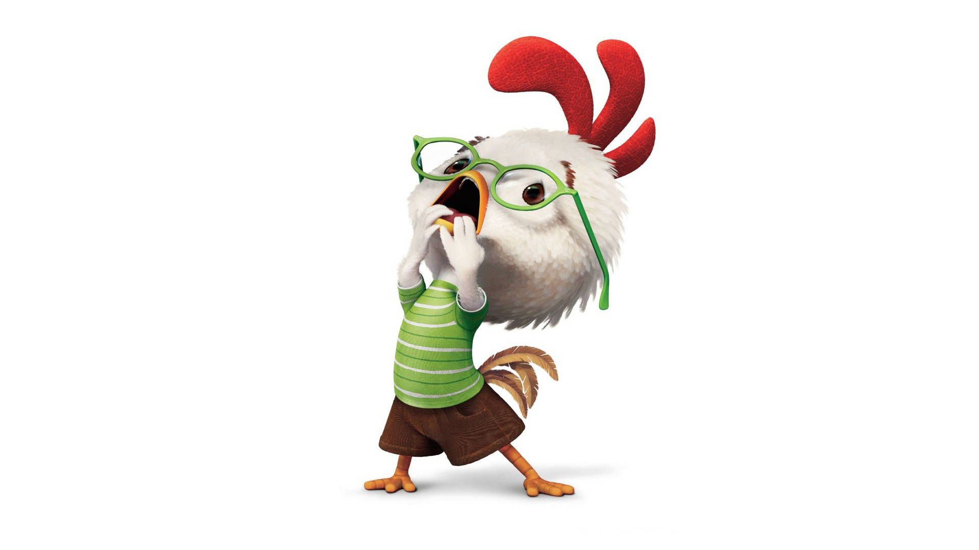 恐懼的 Chicken Little 壁紙 — 一隻戴著綠色眼鏡和條紋襯衫的卡通公雞，雙手捂嘴，表情驚訝。