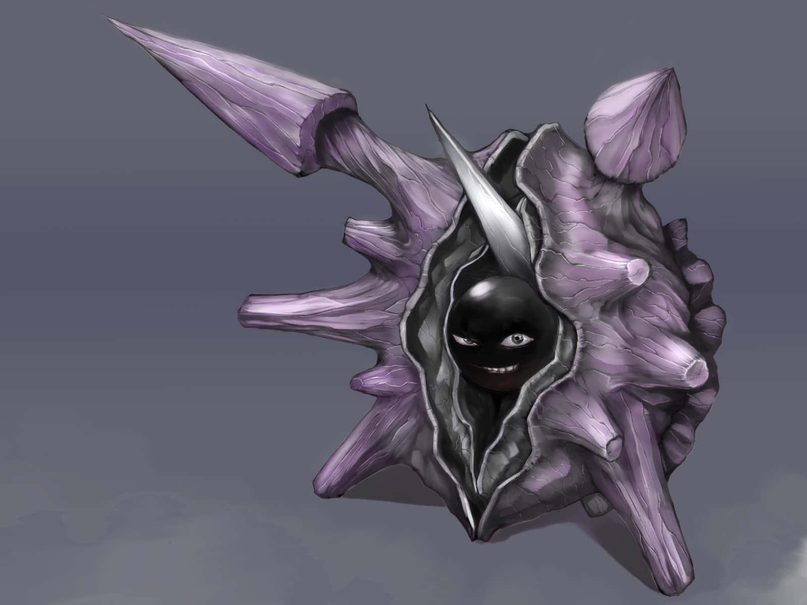 恐懼的 Cloyster 壁紙 — 一個帶有黑色面孔和一隻發光眼睛的威脅性紫色尖刺生物，從其殼狀身體中窺視，背景為灰色。