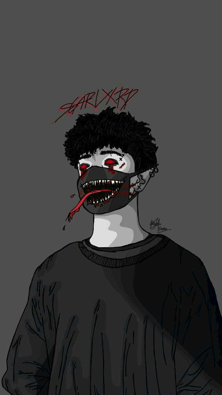 恐懼的 dope boy 怪物圖像 壁紙 — 一個黑暗動漫風格插圖，描繪一個人戴著怪誕面具，露出尖銳牙齒，嘴巴滴著血。