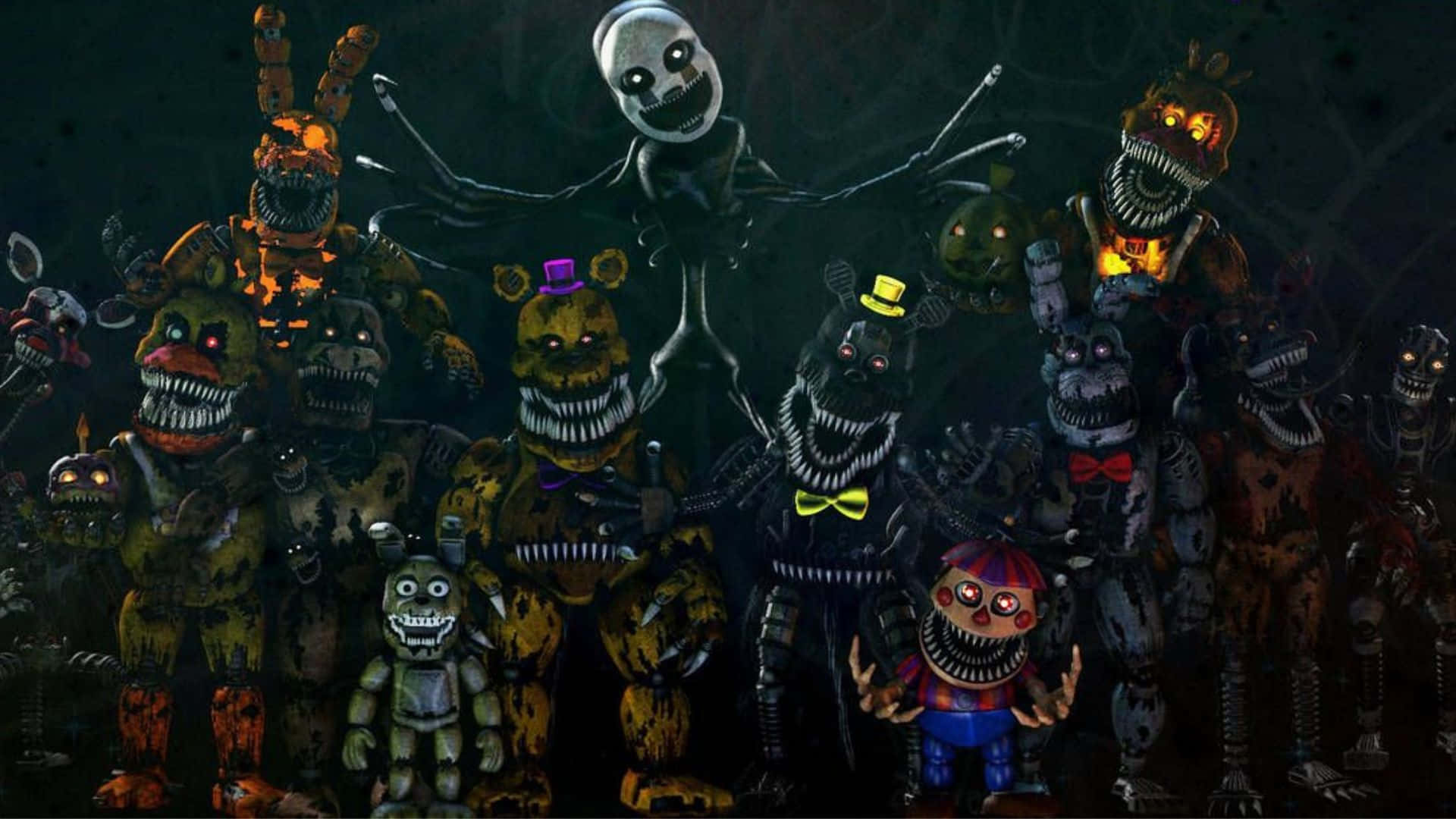 恐懼的《Five Nights at Freddy's》角色 壁紙 — 一群帶有發光眼睛和鋒利牙齒的威脅性電子動畫角色站在黑暗、陰森的環境中。