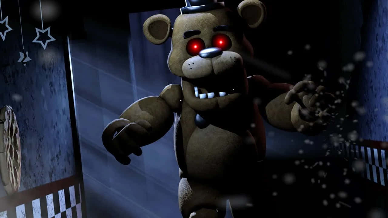 恐懼的 FNAF 佛萊迪圖像 壁紙 — 一隻帶有發光紅眼的威脅性電子動畫熊在黑暗、陰森的披薩店環境中向前猛撲。
