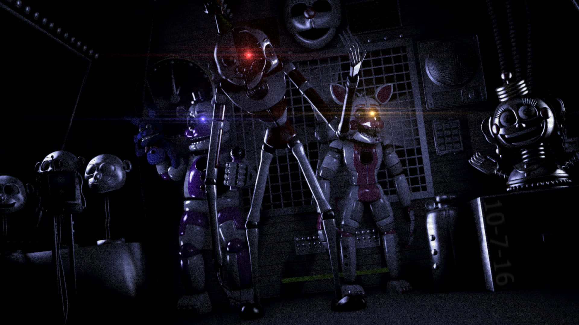 恐懼的 FNAF 妹妹地點圖像 壁紙 — 發光眼睛的電子動畫角色在一個黑暗的工業房間中，帶有骷髏和機械，威嚇地站立。