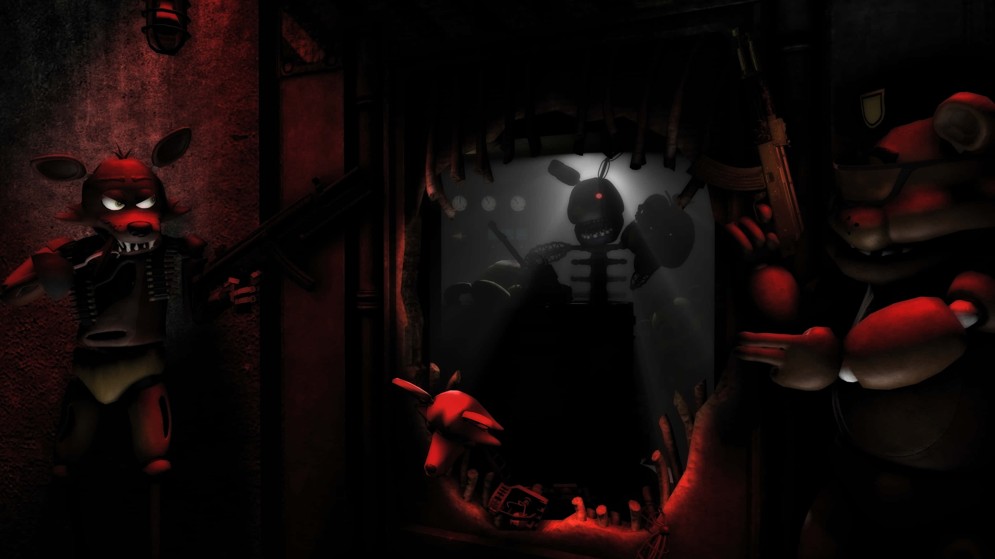 恐懼的 FNAF 持槍圖像 壁紙 — 紅色燈光的電子動畫角色潛伏在黑暗陰森的走廊中，一個威脅性的身影從門口出現。