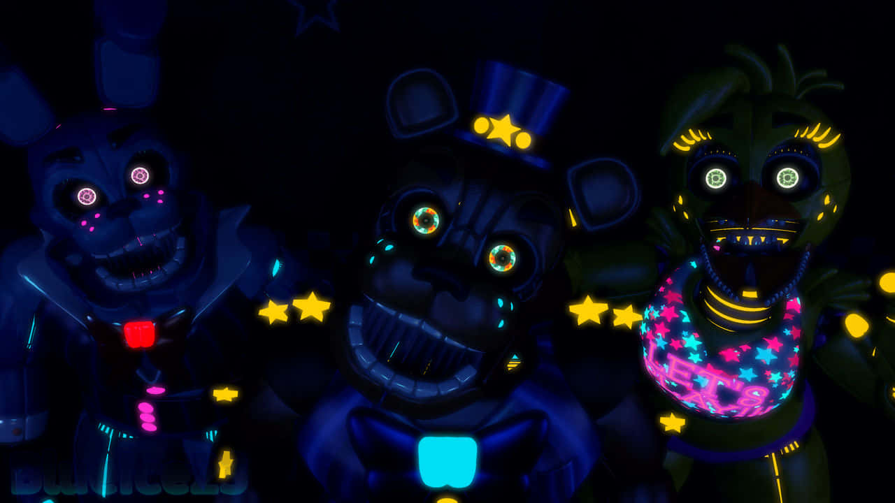 恐懼的 FNAF 暗光圖像 壁紙 — 三個發光的電子動畫角色，帶有霓虹眼睛和星星圖案，站在黑暗中，散發出詭異而鮮豔的光芒。