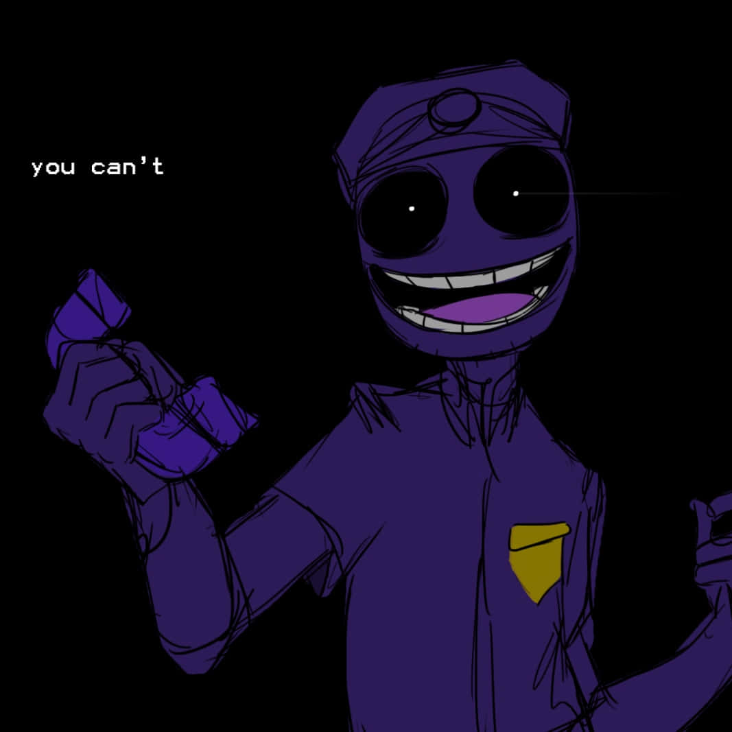恐懼的 FNAF 紫色人物圖像 壁紙 — 一個紫色卡通角色，咧嘴大笑，眼睛發光，在黑色背景上豎起一根手指，上面寫著「you can't」。