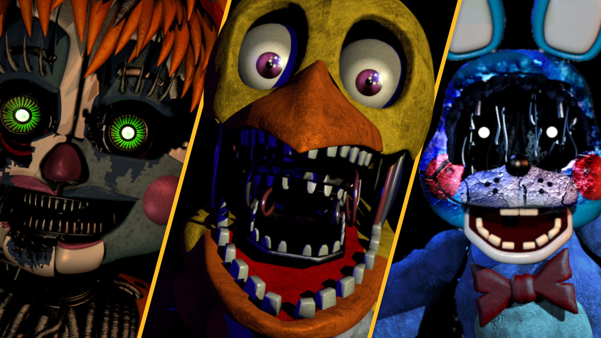 恐懼的 FNAF 貝比馬戲團圖像 壁紙 — 三個帶有發光眼睛和尖銳牙齒的威脅性電子動畫角色，在黑暗背景下強烈凝視。