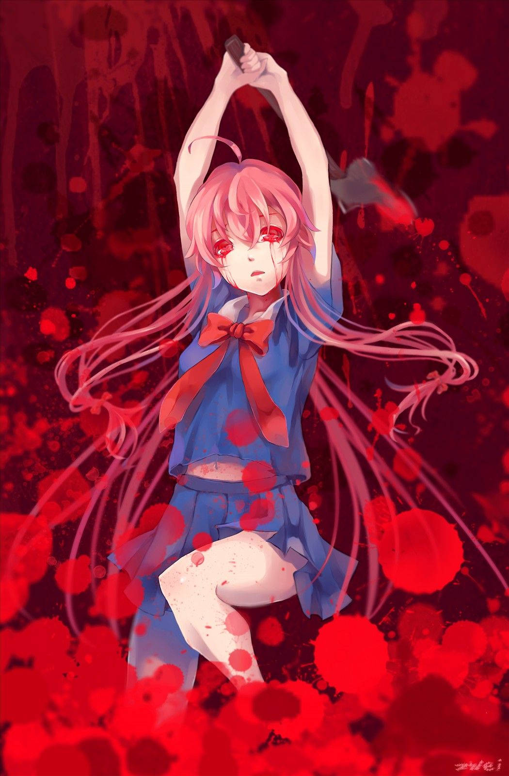 恐懼的 Yuno Gasai 壁紙 — 一位粉紅色頭髮的動漫女孩穿著藍色校服，在血紅色的背景中將刀高舉過頭頂。