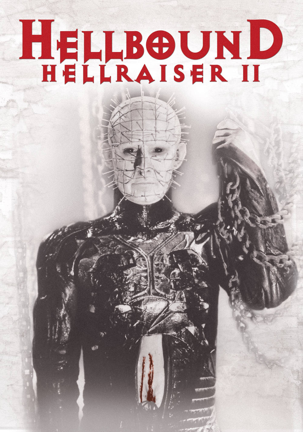 《Hellraiser II》電影海報，包含針頭、鎖鏈和血跡。