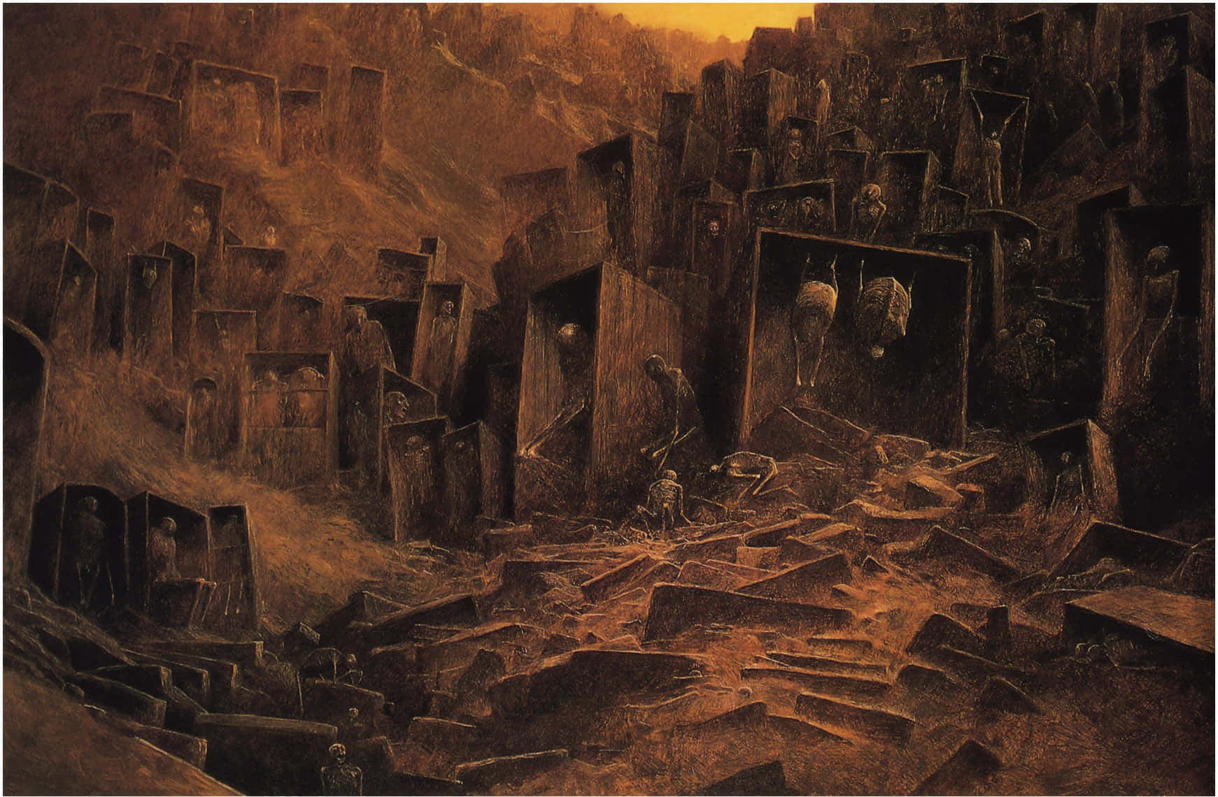 恐懼的墓園圖像 壁紙 — 一幅令人難忘的油畫描繪了黃昏時分 crumbling 的城市景觀，在火紅色的天空下，骷髏形狀從破損的建築物中出現。