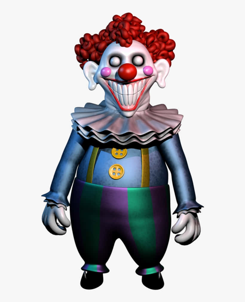 恐懼的小丑 FNAF 圖像 壁紙 — 一個帶有紅色捲髮和寬大露齒笑容的威脅性小丑站在素色背景前。