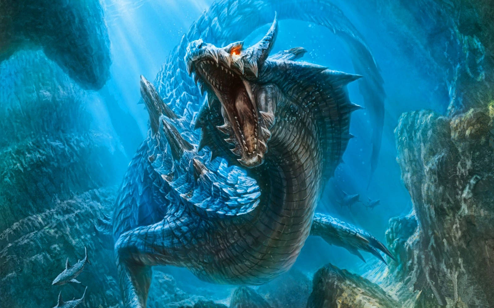 一隻擁有發光眼睛的巨大海龍，在岩石懸崖和魚群附近的水下咆哮。