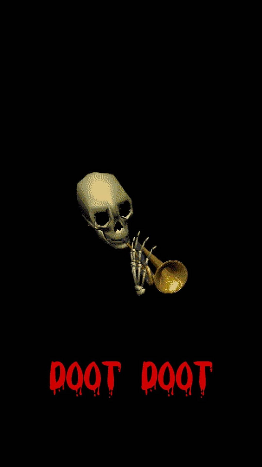 一個像素化的骷髏吹奏小號，並有滴落的紅色文字寫著 doot doot。