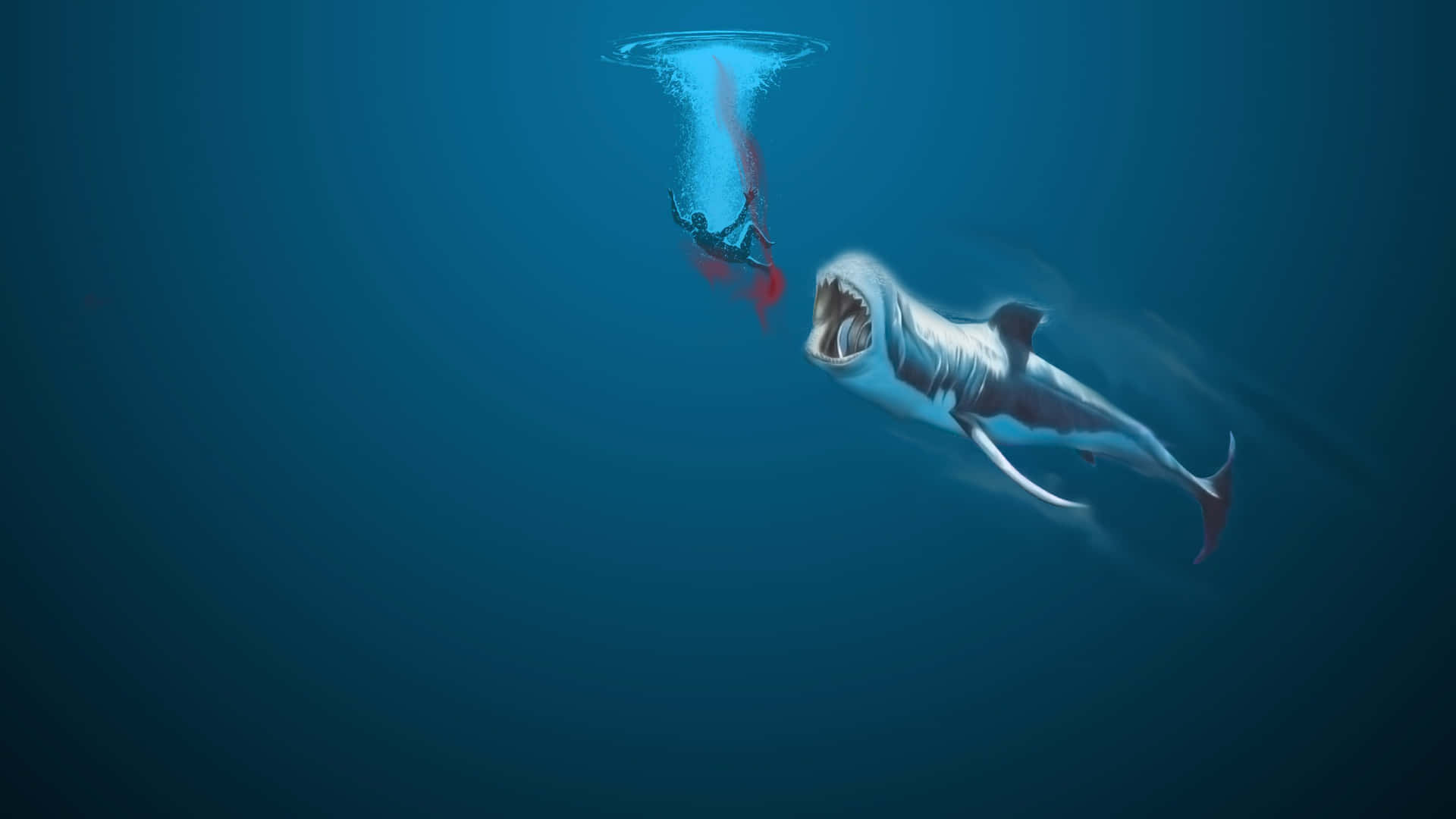 潛水員被困在水下漩渦中，鯊魚從下方攻擊。