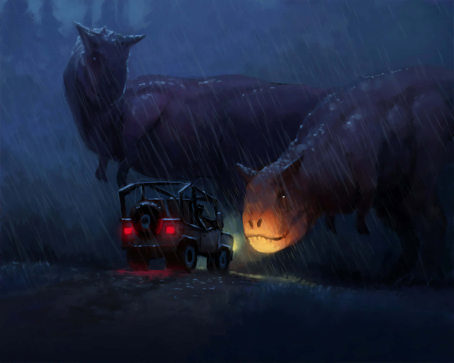 吉普車在雨夜森林中面對兩隻大型恐龍。