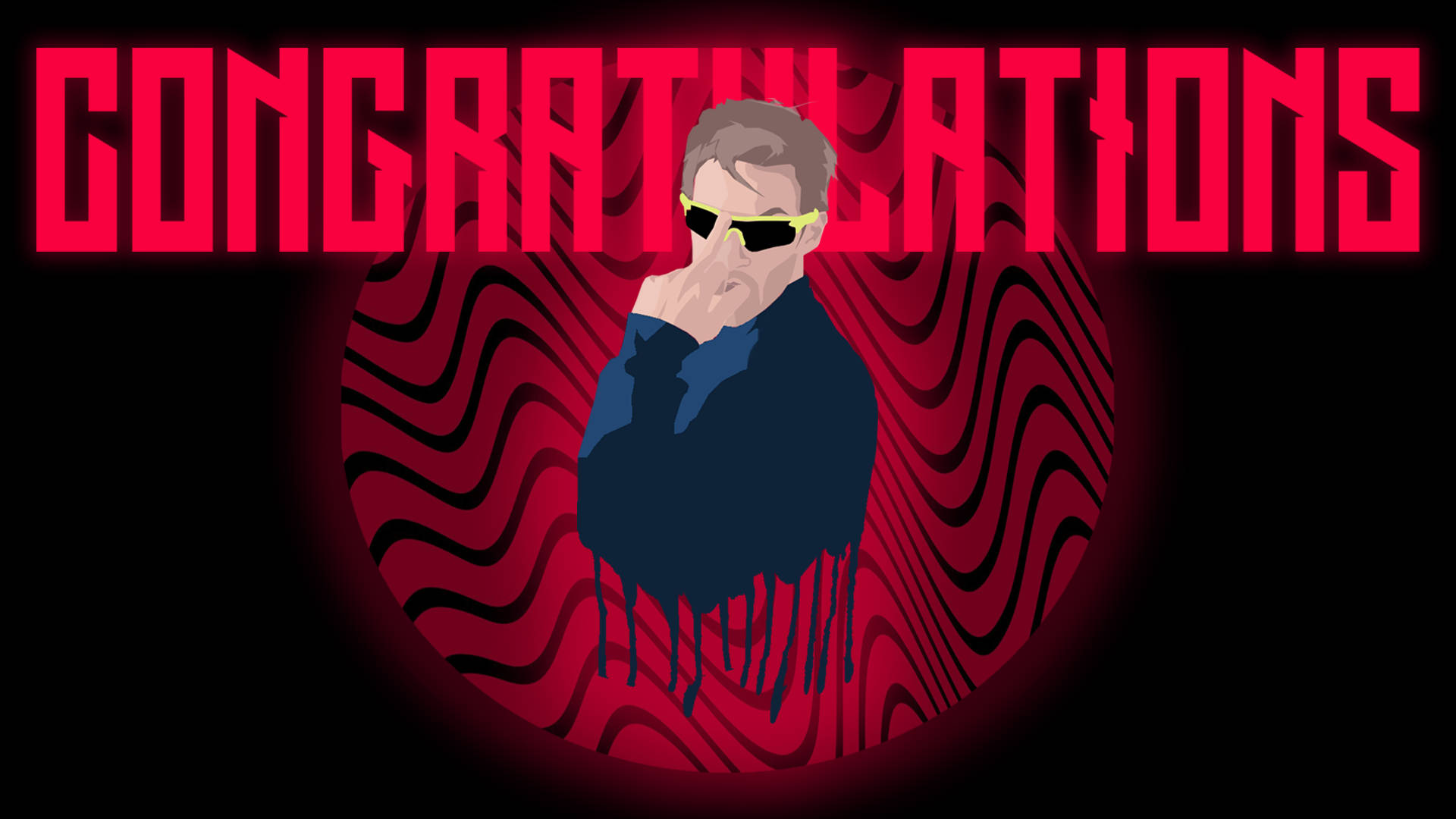 恭喜 PewDiePie 粉絲藝術 壁紙 — 一個戴太陽眼鏡、穿深色外套的時尚男子站在脈動的紅色波浪圖案前，下方有粗體紅色「恭喜」文字。
