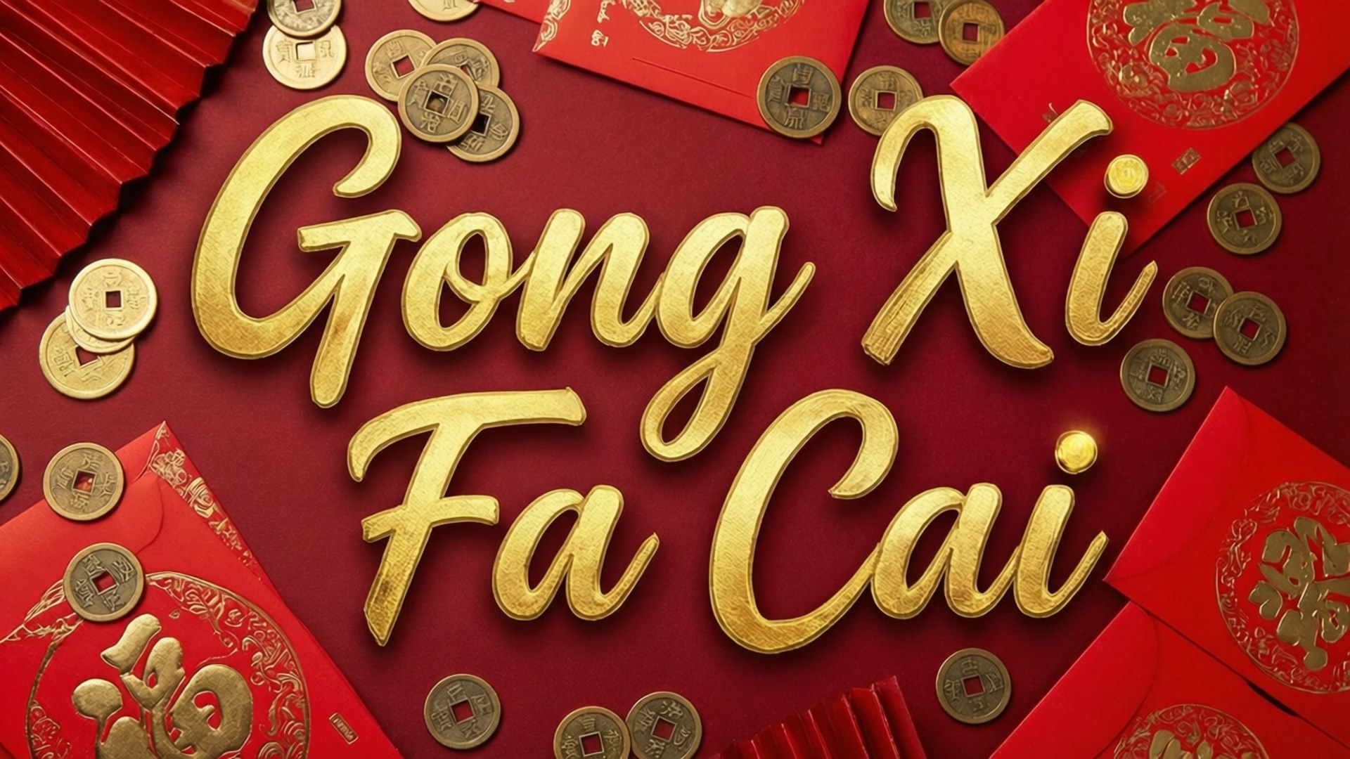 金色文字疊加在紅包與金幣上，用於農曆新年祝福。