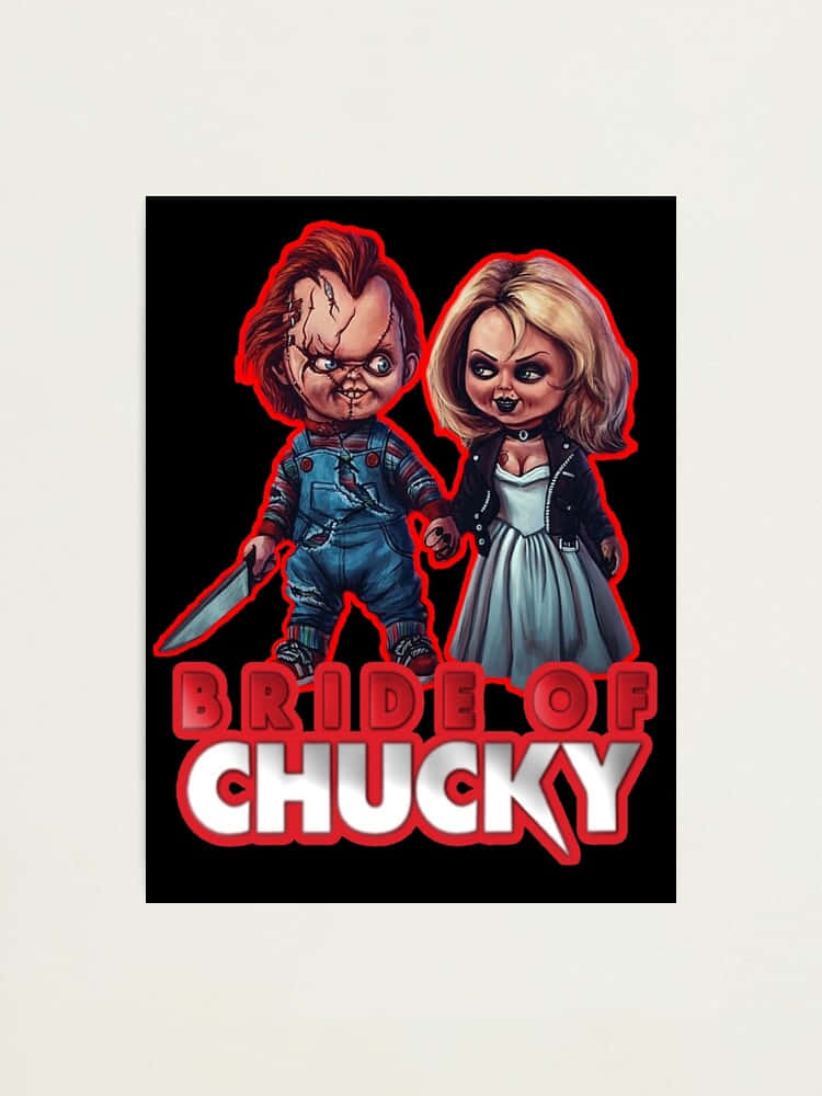 Chucky 與新娘牽手，帶有紅色輪廓和粗體標題文字。