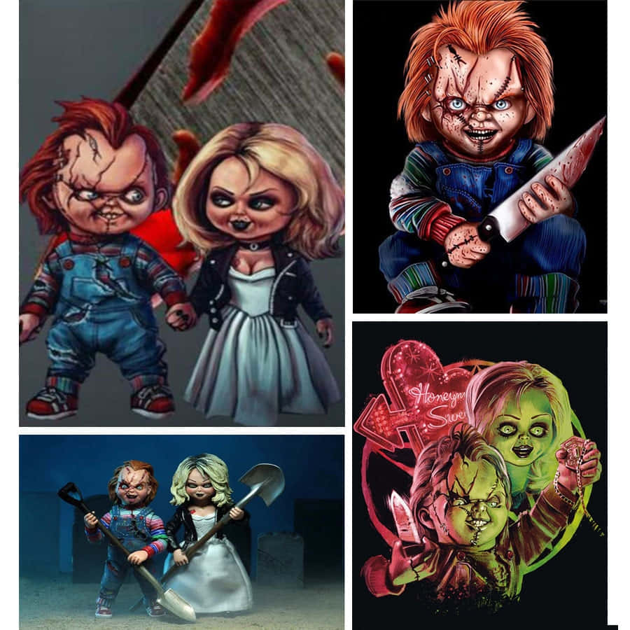 Chucky 與他的新娘娃娃在恐怖主題插圖中手持武器。