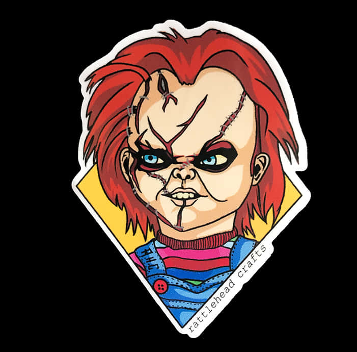 恰奇貼紙插畫 壁紙 — 一個卡通貼紙，上面有Chucky，紅髮、縫合疤痕，在黑色背景上露出猙獰的笑容。