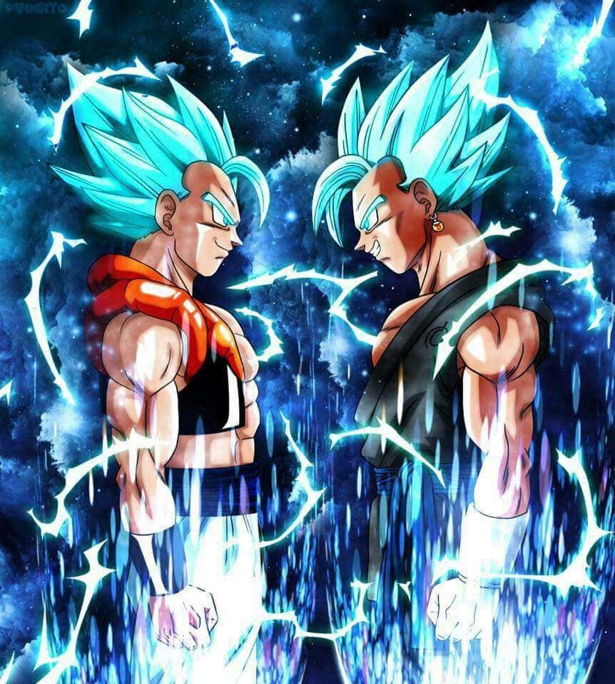 兩個藍色頭髮的動漫角色在暴風般的宇宙戰鬥中碰撞。