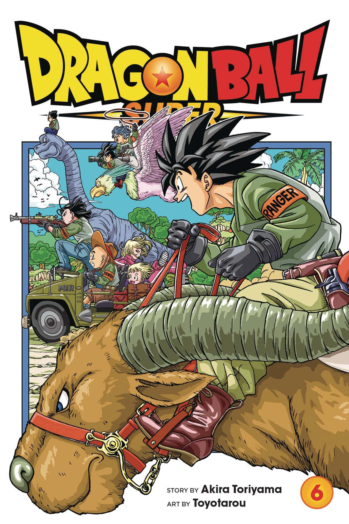 Dragon Ball Super Manga 桌布 壁紙 — 悟空在叢林中騎著一頭巨大的野豬，而士兵和飛行角色在他身後戰鬥，這是龍珠超漫畫封面。