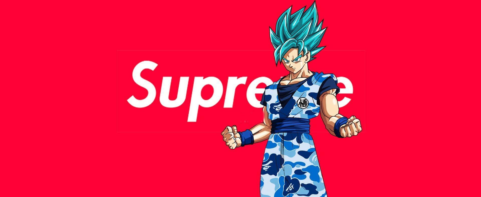 動漫戰士悟空身穿藍色迷彩服，在紅色Supreme標誌背景前擺姿勢。