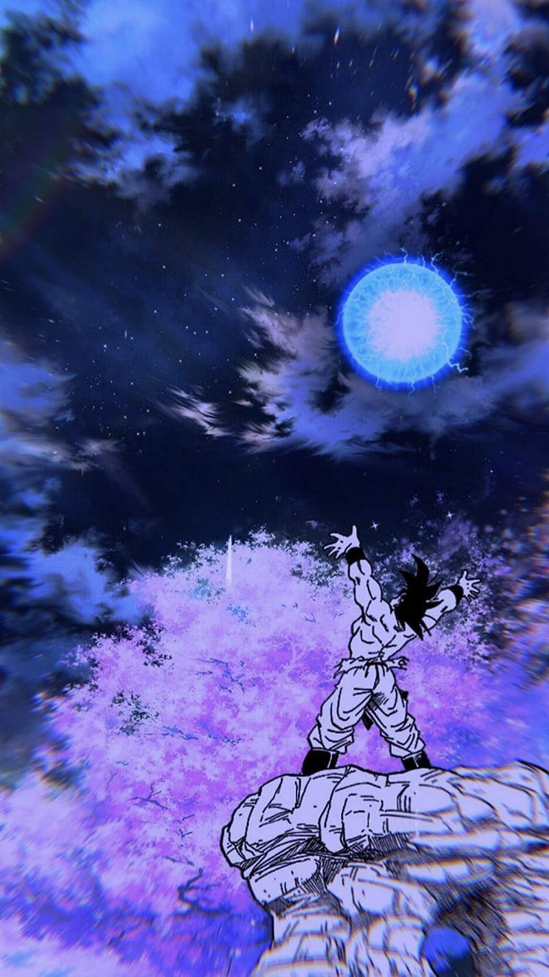 動漫角色在懸崖上伸手觸摸發光藍色能量球，星空下