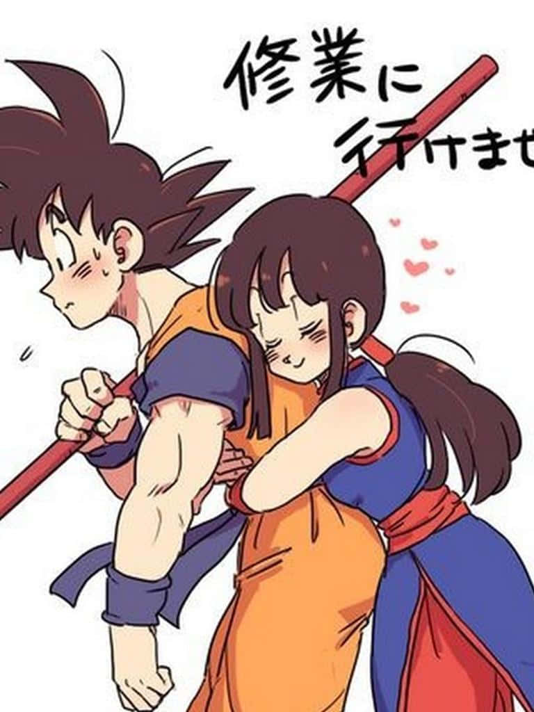 動漫女孩從後面擁抱拿著法杖的男孩，兩人都臉紅，附近有愛心漂浮。