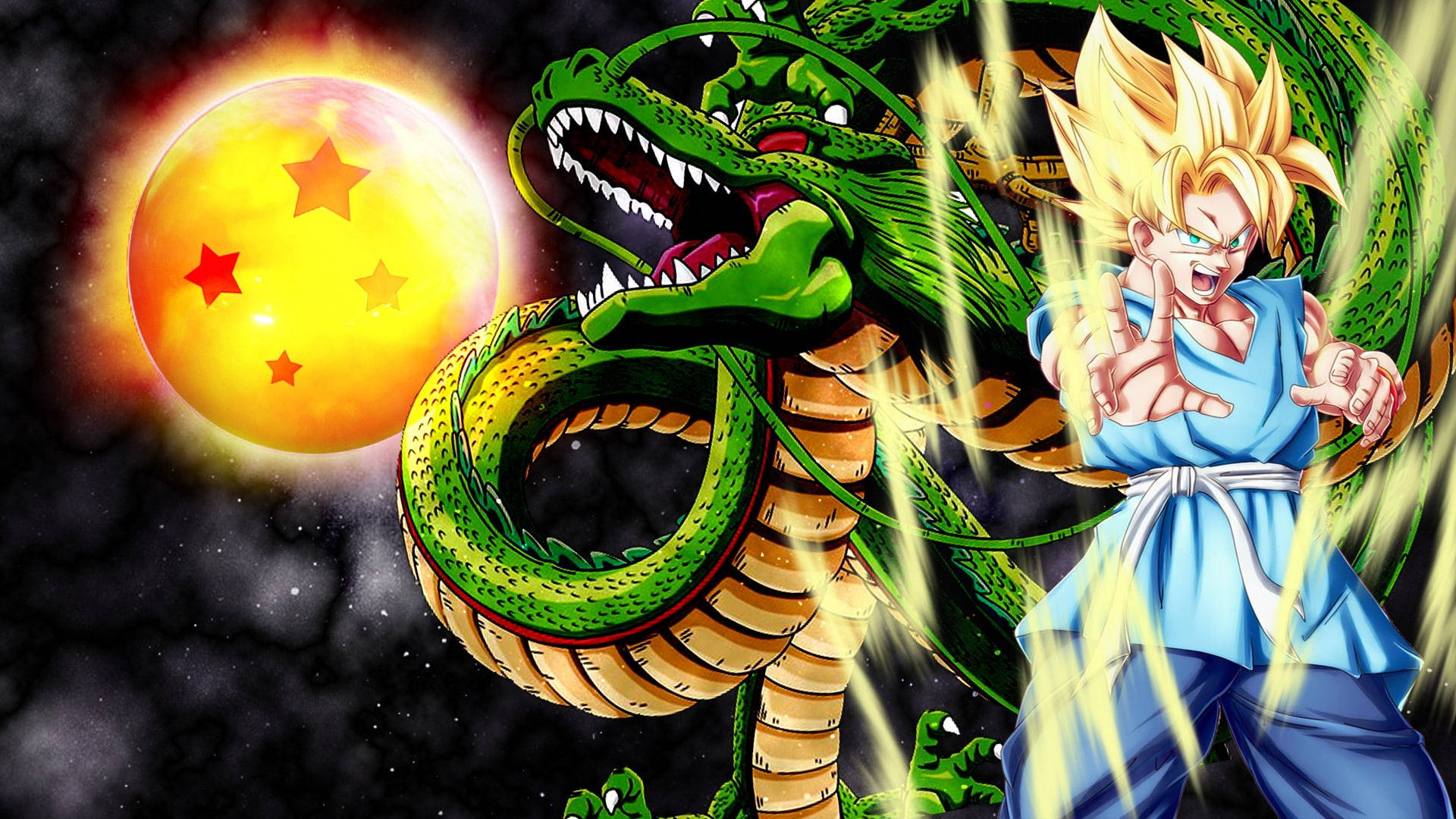 悟空與綠龍 壁紙 — 一個藍色刺蝟頭戰士在星空下與一隻巨大的綠色龍戰鬥，背景有一顆發光的行星。