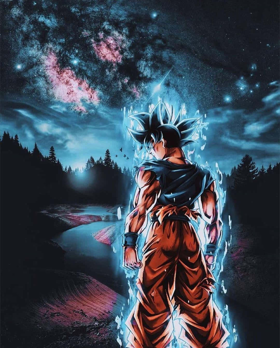 動漫戰士在星光燦爛的夜空下，散發藍色能量，伴有粉紅色星雲。 — 悟空超級賽亞人之神 壁紙