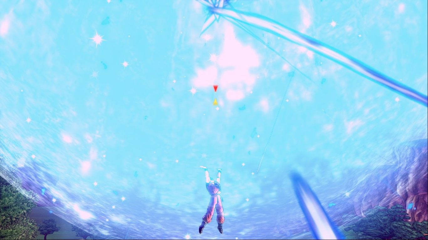 動漫角色跳躍穿過帶有星星和能量光束的發光藍色天空。