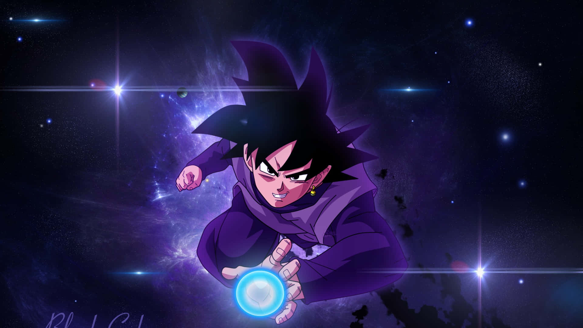 動畫戰士悟空黑（Goku Black）身穿紫色斗篷在太空中聚集藍色能量。