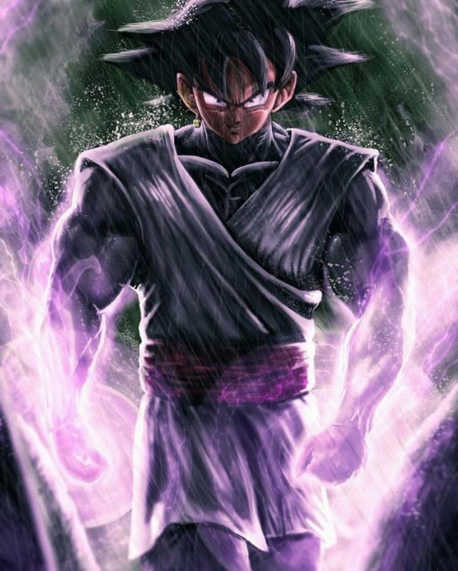 悟空黑準備迎戰 壁紙 — 一個兇猛的動漫戰士，擁有尖刺黑髮和發光的紫色光環，站在風暴般的深綠色環境中。