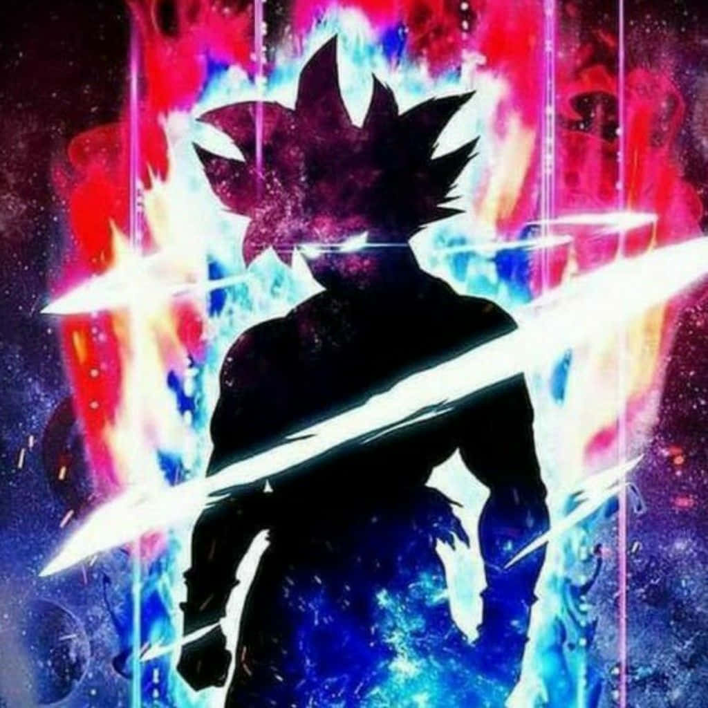 動漫戰士剪影被紅色、藍色和白色的宇宙能量光束包圍。