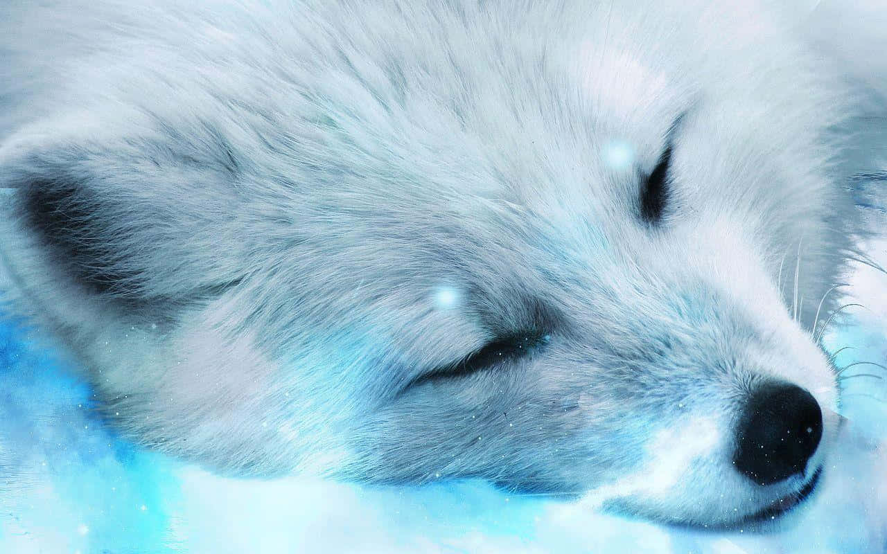 一隻白狐在雪中睡覺，伴隨著柔和的藍光和飄落的雪花。