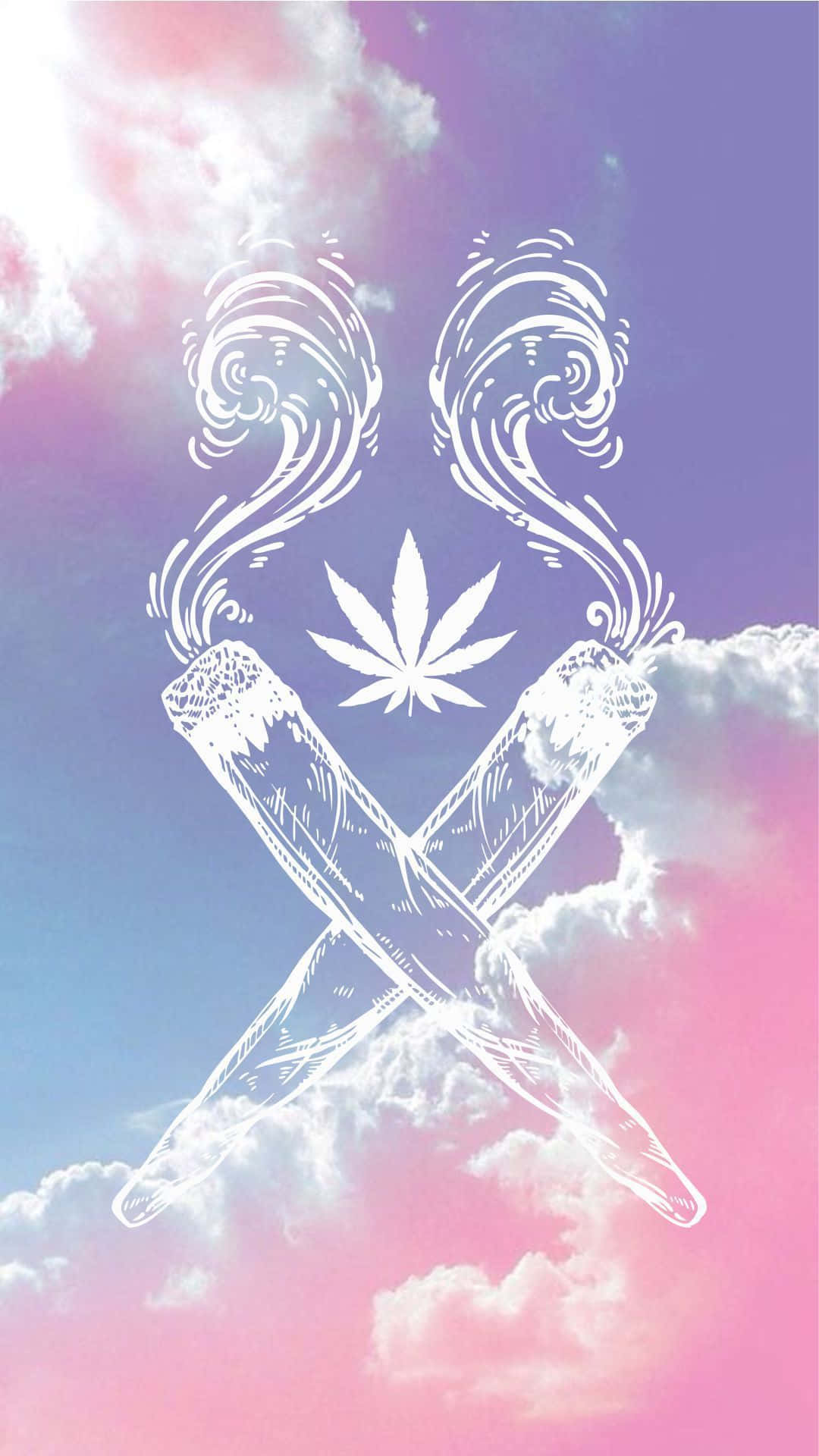 兩支交叉的大麻煙捲，煙霧在帶有雲朵的粉彩天空中升起。