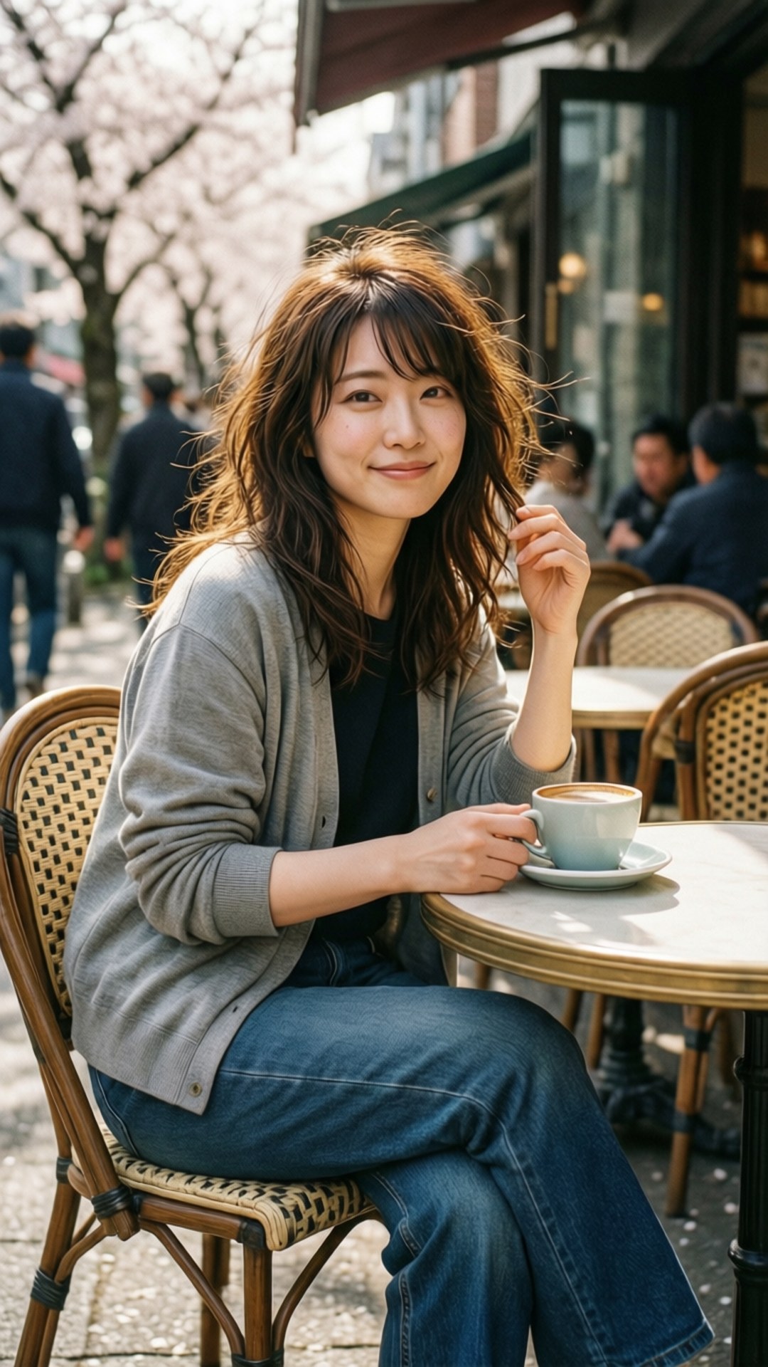 悠閒休憩時光 壁紙 — 一位年輕女性在盛開的櫻花樹下的戶外咖啡桌旁，手持咖啡杯，溫柔地微笑。