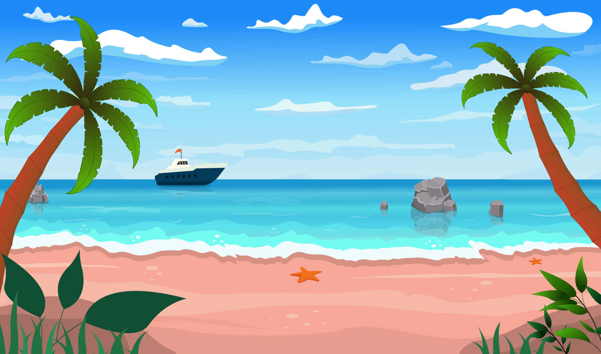 悠閒夏日度假 壁紙 — 充滿活力的卡通海灘場景，有棕櫚樹、碧綠的海水，以及一艘在藍天白雲下航行的遊艇。