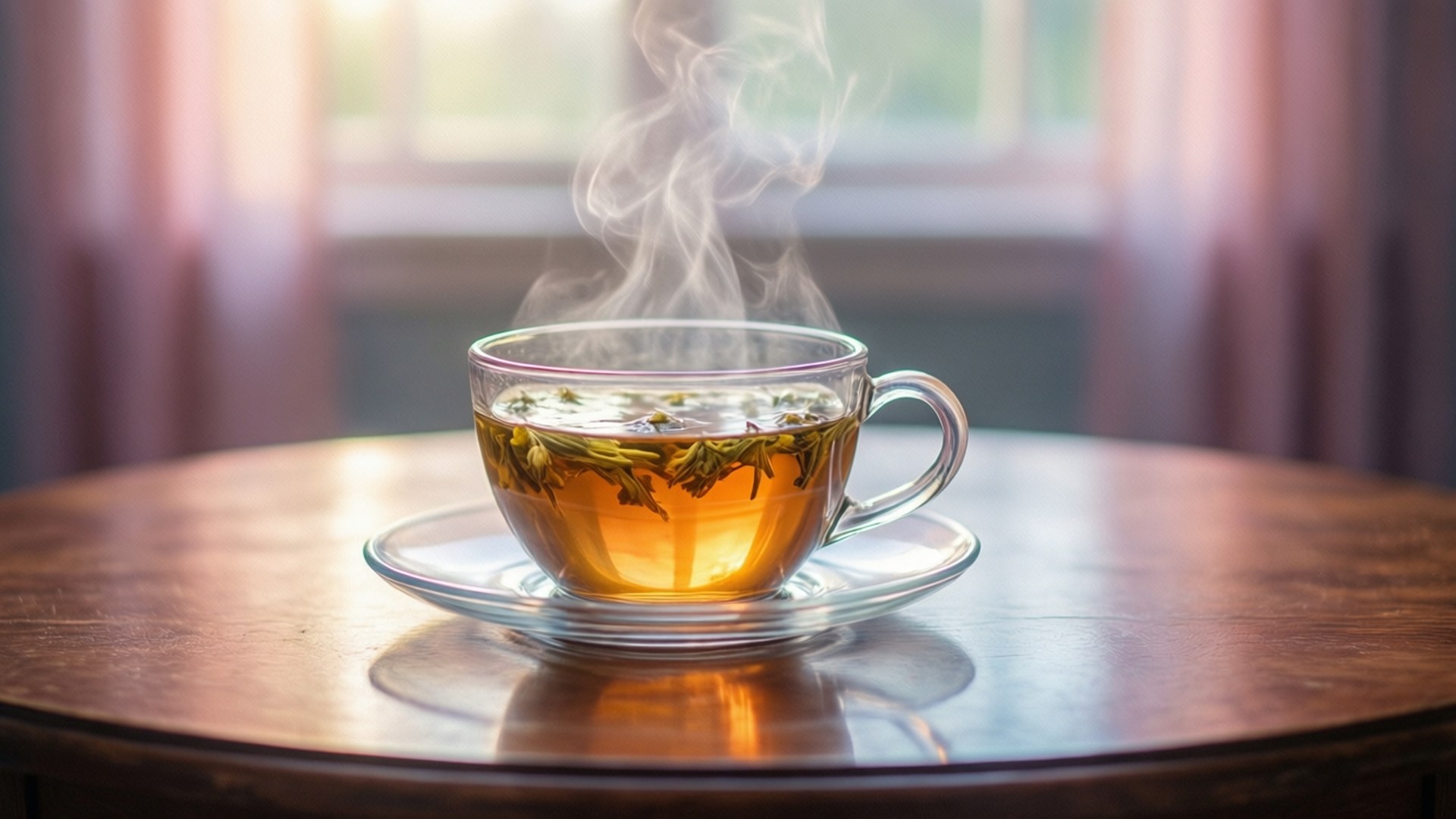 一杯冒著熱氣的玻璃杯草本茶，放在窗邊的木桌上。 — 美學藝術 壁紙