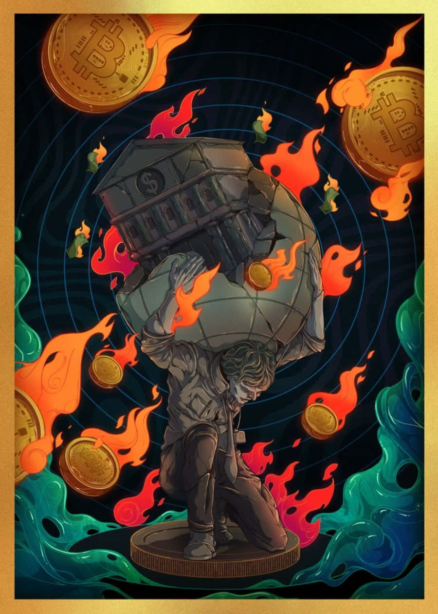 一個男人雕像扛著一個燃燒的地球，地球頂部有一座正在崩塌的銀行，周圍漂浮著比特幣硬幣。