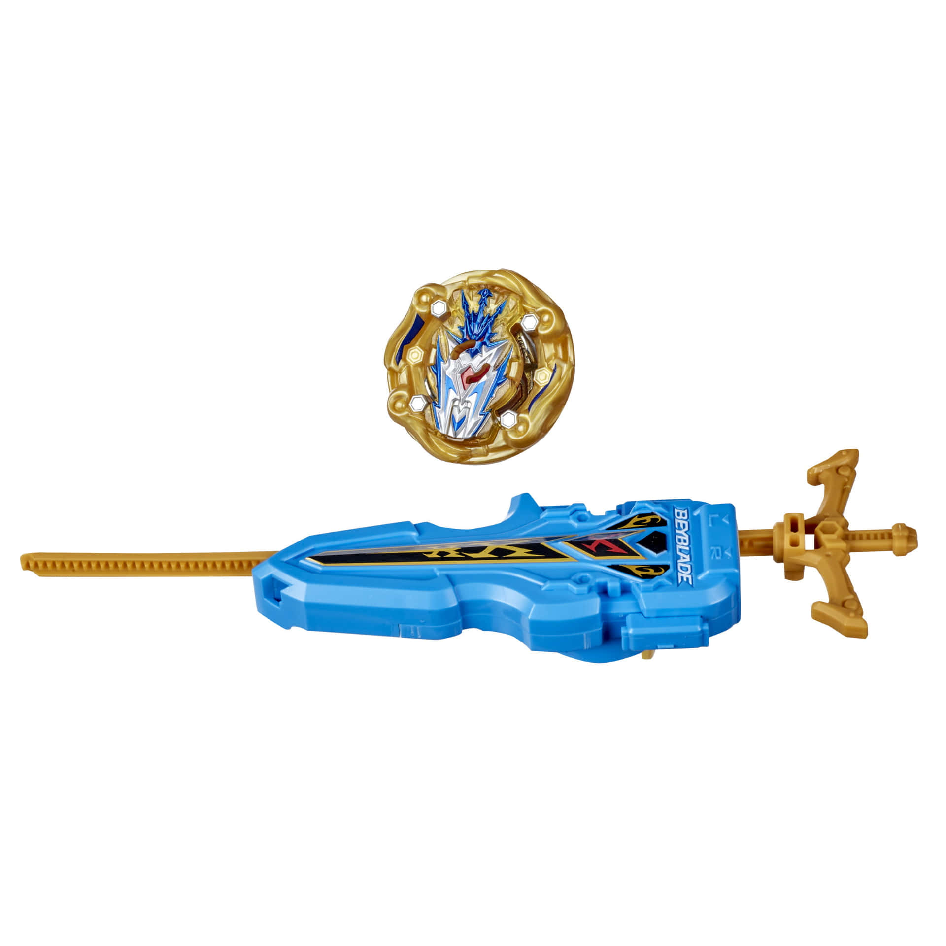 藍色和金色的Beyblade玩具發射器和陀螺，帶有龍圖案。