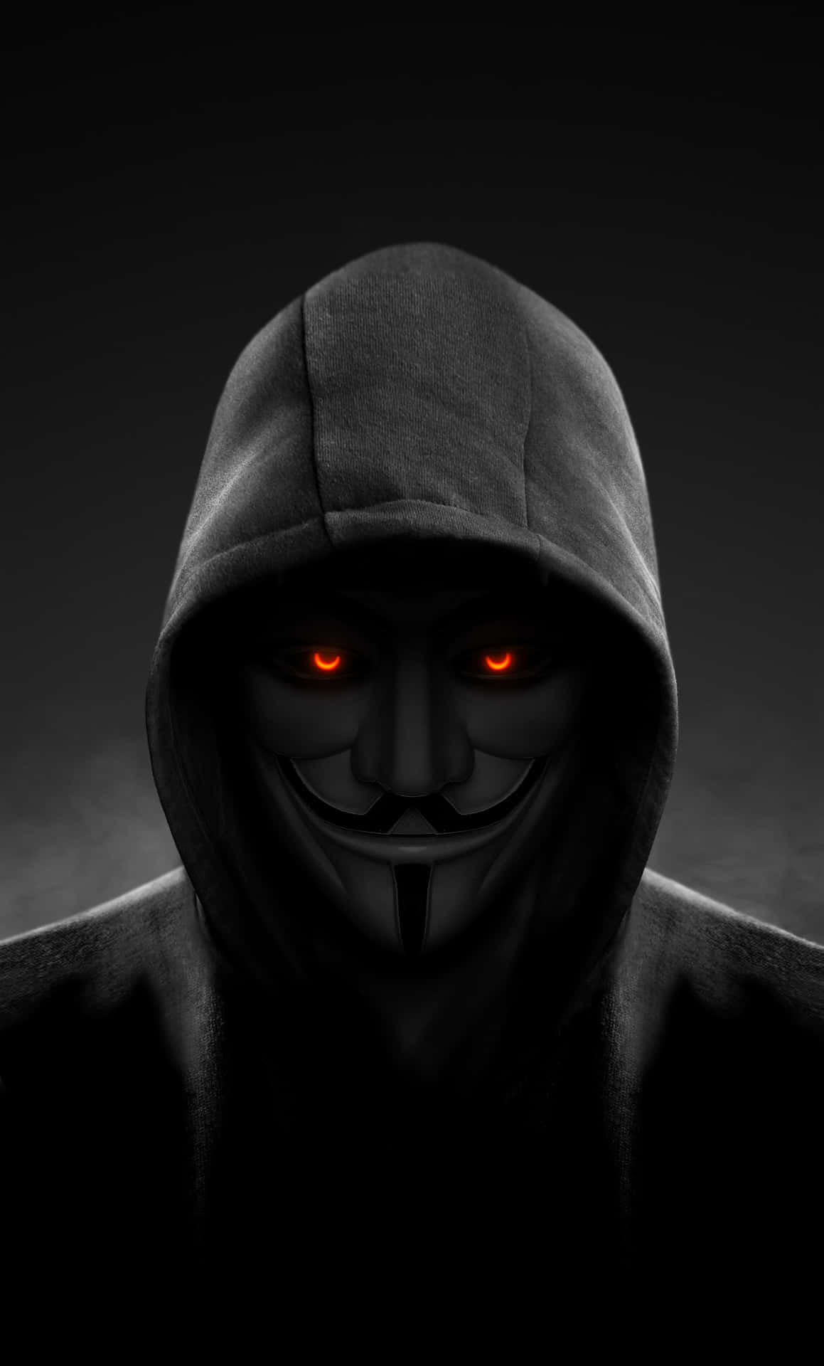 穿黑色連帽衫的人戴著 Guy Fawkes 面具，眼睛發出橙色光芒。