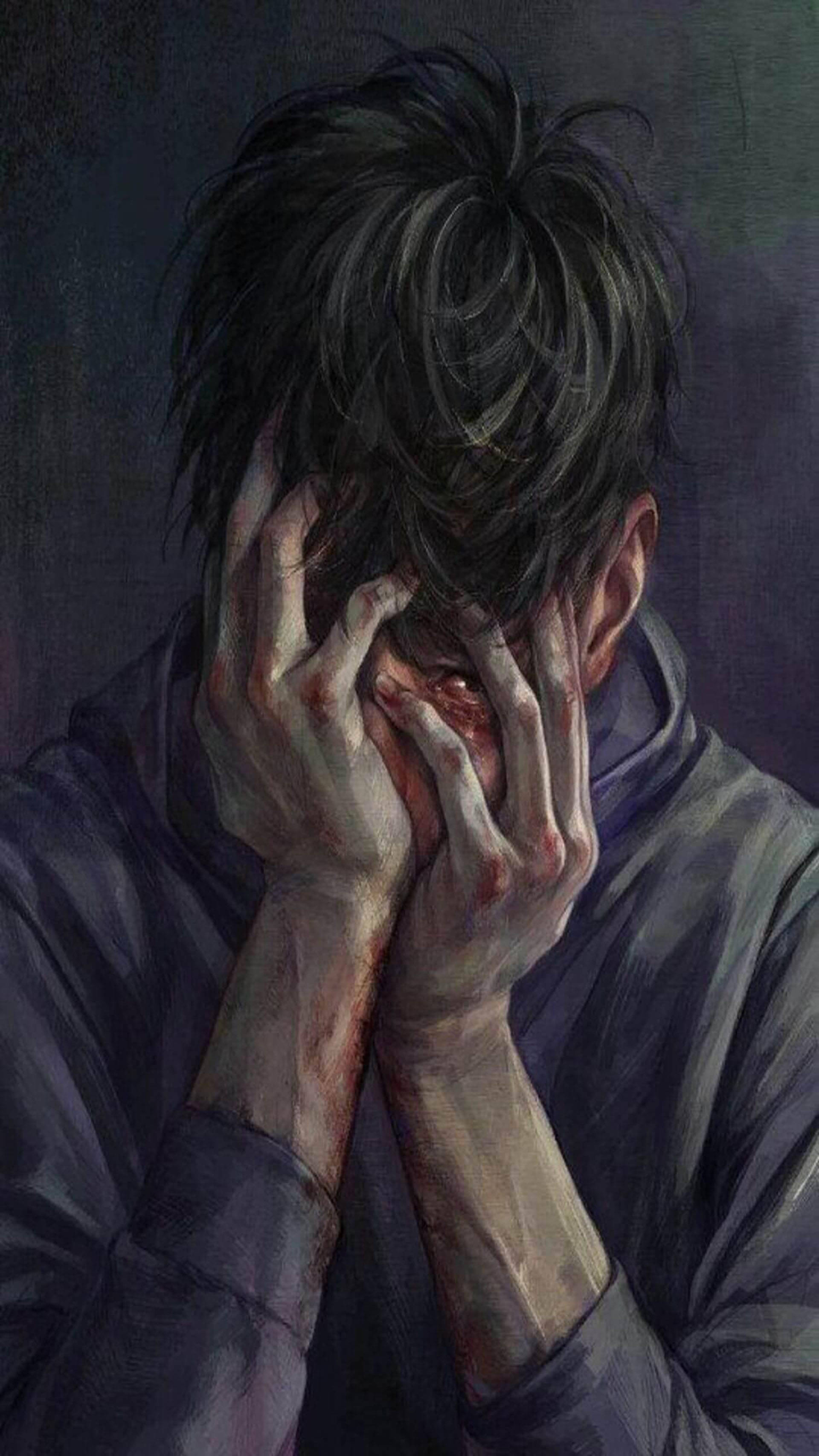 悲傷塗鴉藝術畫像 壁紙 — 一個苦惱嘅深色頭髮人用沾滿血嘅手遮住塊面，背景陰暗。