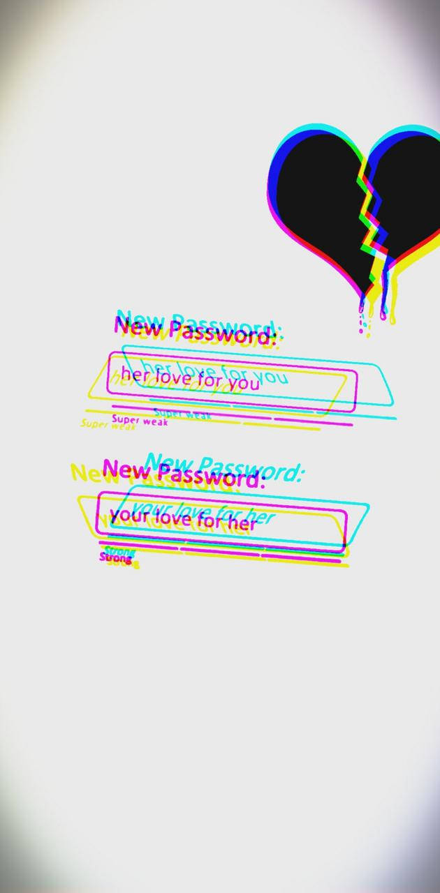密碼欄位上方帶有霓虹故障效果的破碎心臟和浪漫文字。